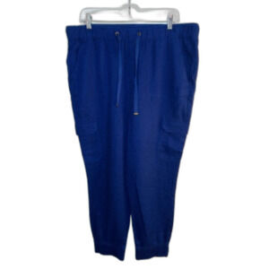 St. Johns Bay Pants Size L Blue Jogger Style Linen Blend Draw String Casual